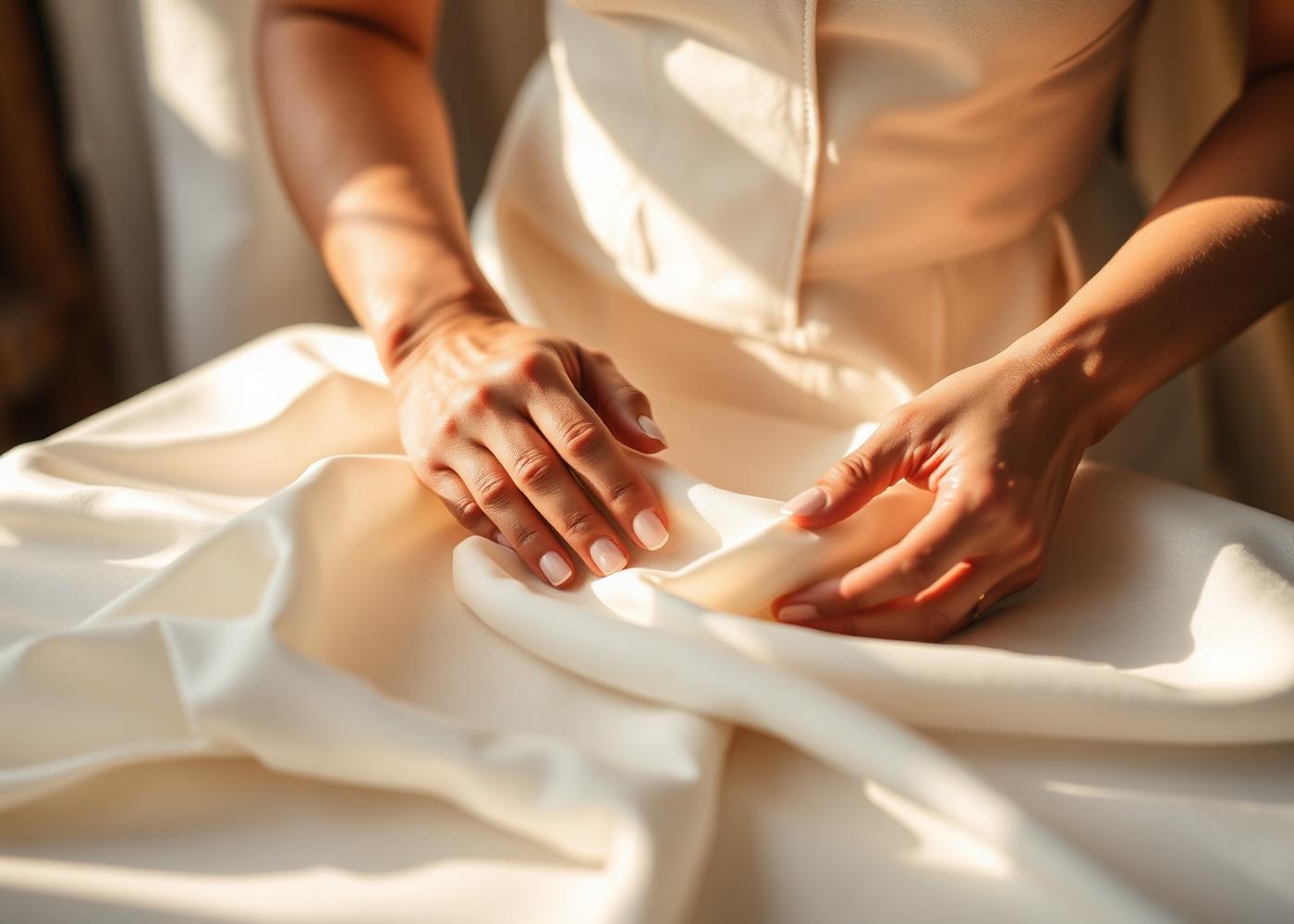 Artisan hands working with ivory silk in the Elora Modern atelier